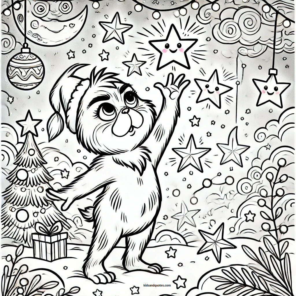 Baby Grinch is standing on tiptoes, reaching for glowing Christmas stars in a whimsical sky filled with twinkling stars, a crescent moon, and fluffy clouds.