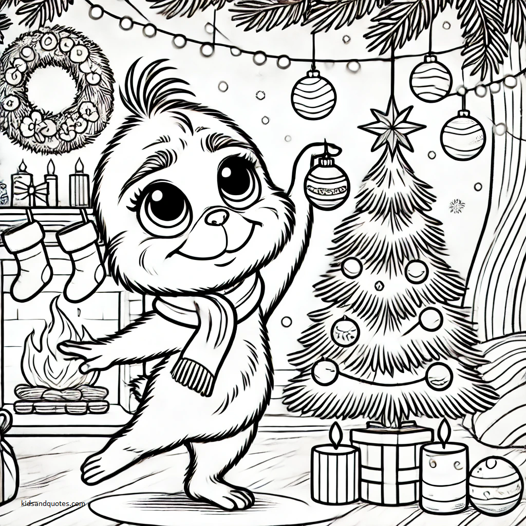 Baby Grinch beside a decorated Christmas tree - coloring page