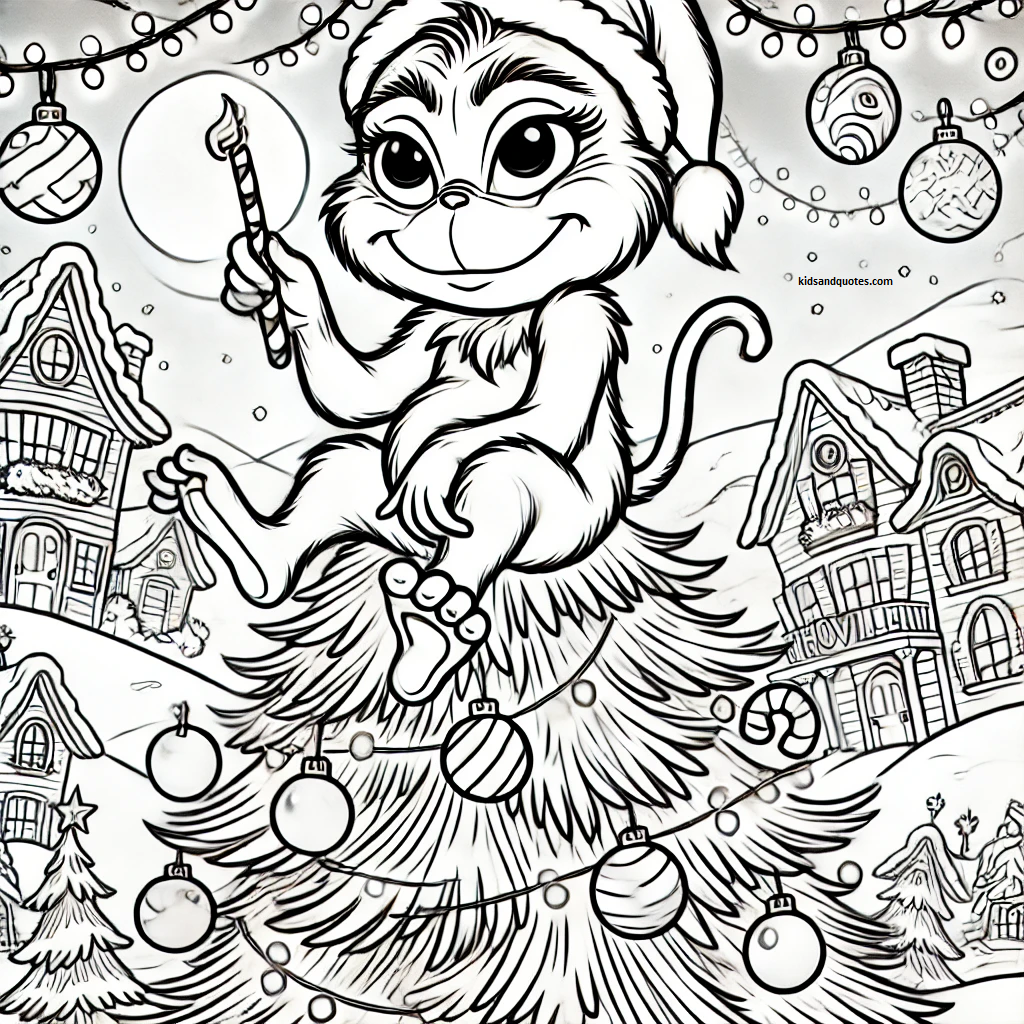 Baby Grinch is perched atop a Whoville Christmas tree, acting as a playful tree topper with a mischievous smile.