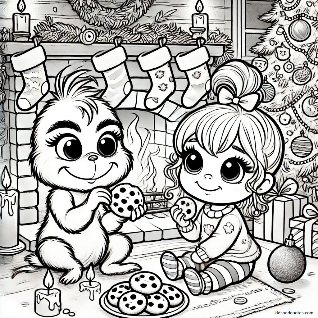 Baby Grinch and Cindy Lou Who are sharing a cookie near a festive fireplace, surrounded by holiday cheer.