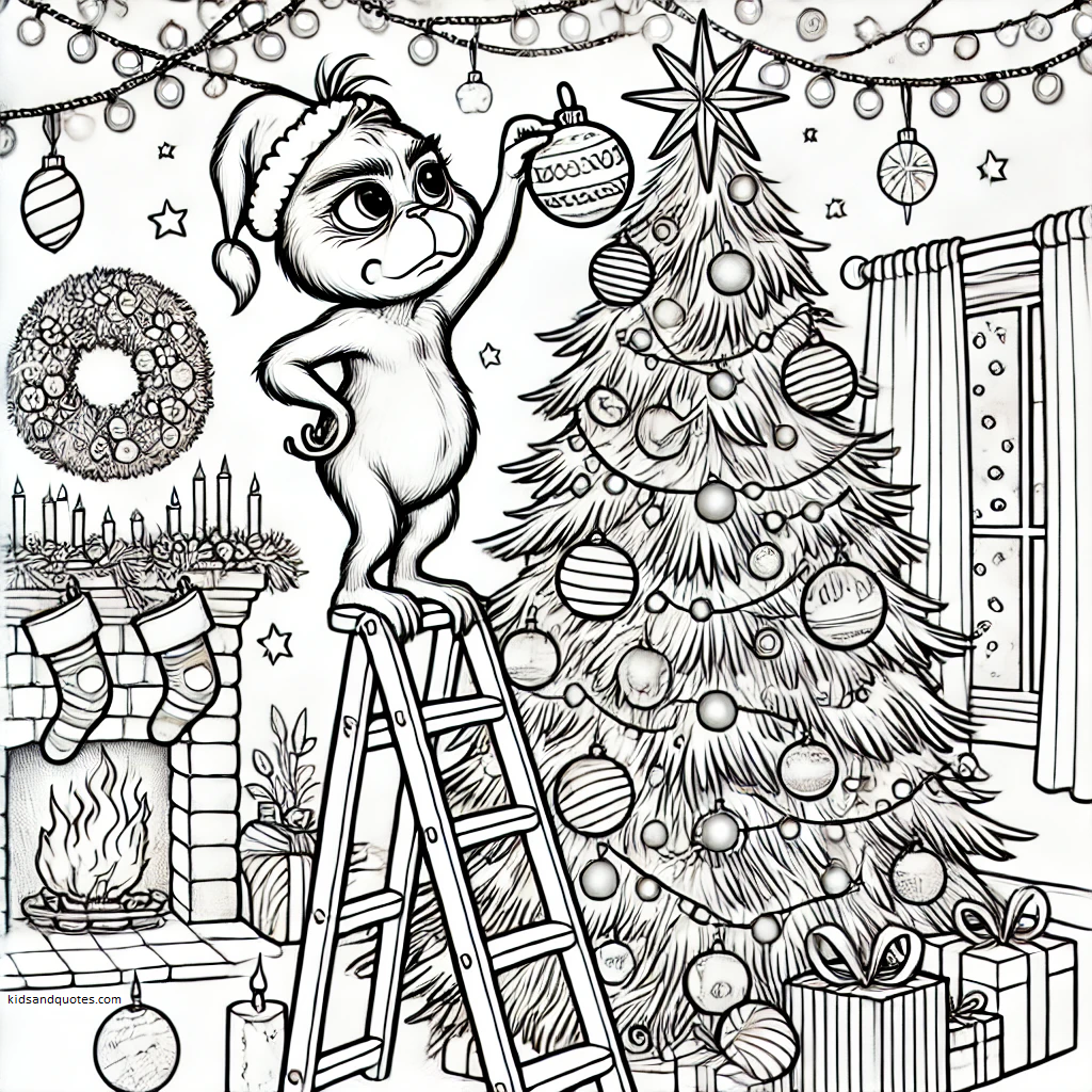 Baby Grinch is perched on a ladder, placing a shiny ornament on a tall Christmas tree decorated with garlands and twinkling stars.