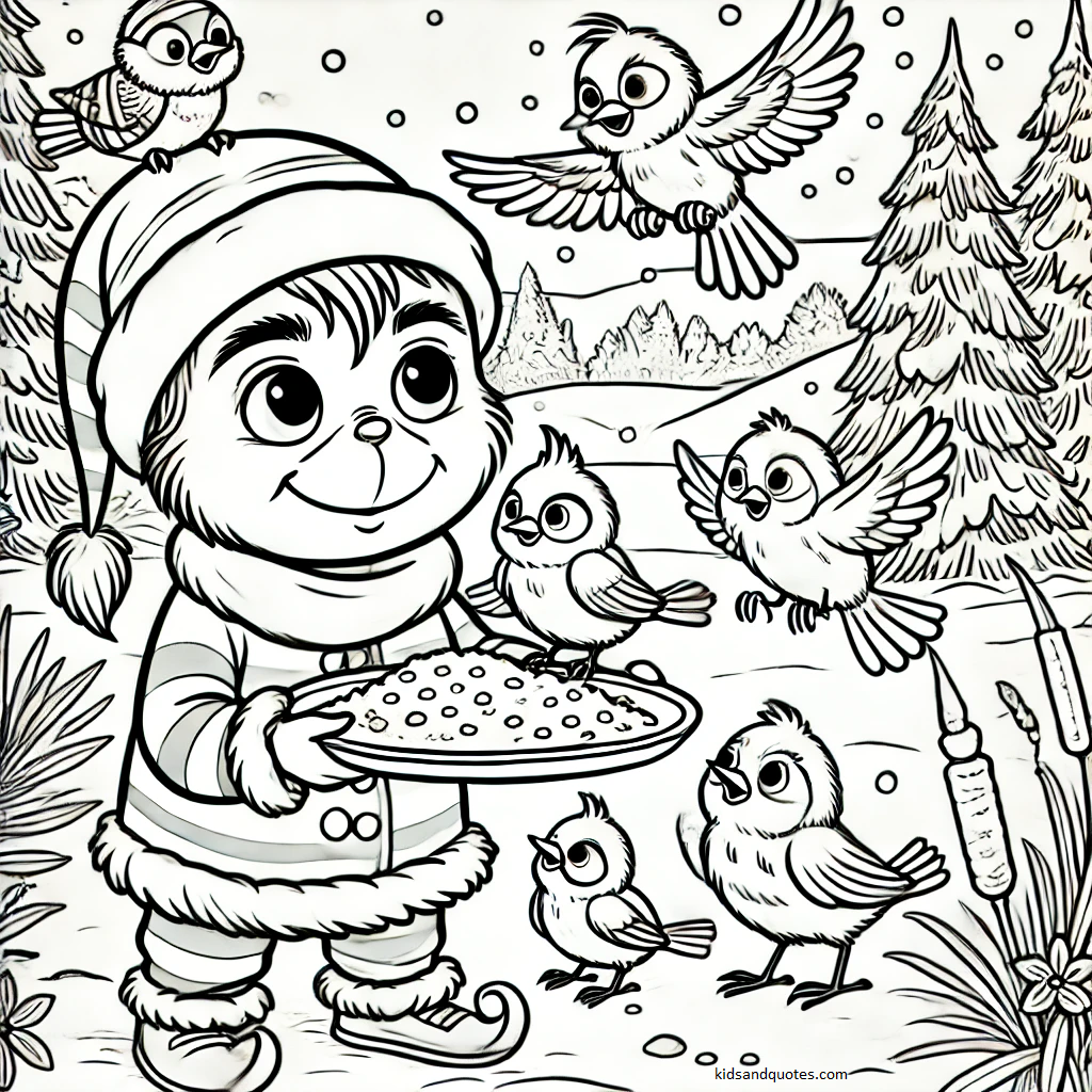 Baby Grinch is feeding winter birds with a plate of crumbs, surrounded by playful birds perched on his shoulders and the snowy ground. 