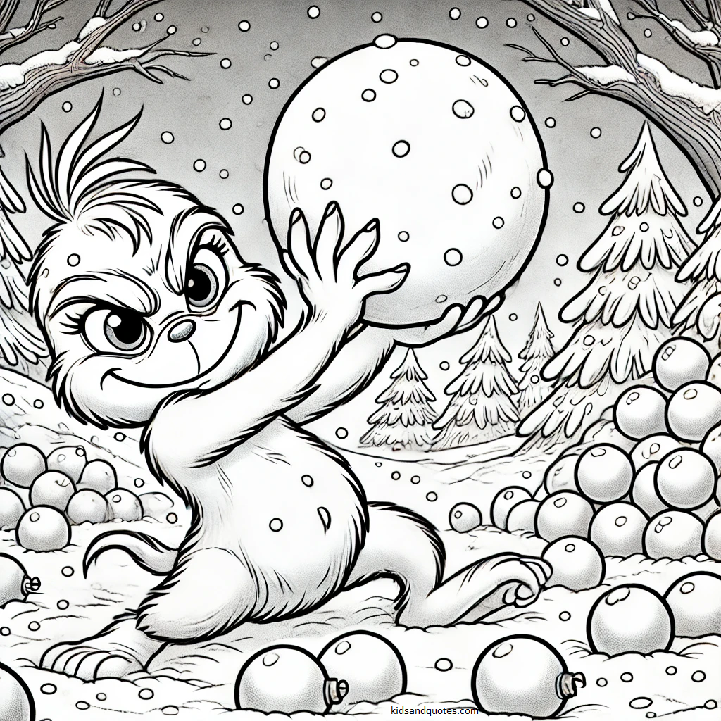 Baby Grinch is in the middle of a snowball fight, holding a giant snowball with a mischievous grin.