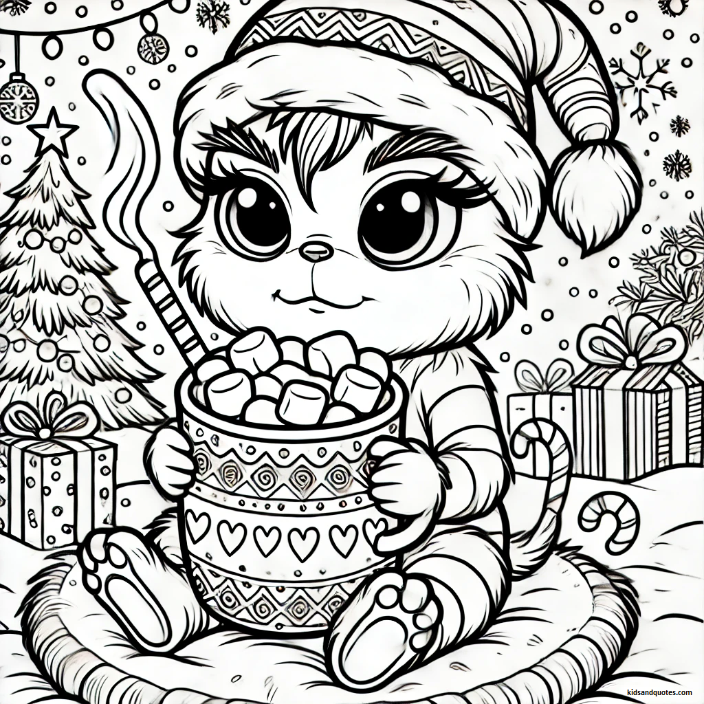 Baby Grinch is holding a steaming mug of hot cocoa topped with marshmallows, sitting contentedly on a snowy ground with a festive tree and snowflakes in the background.