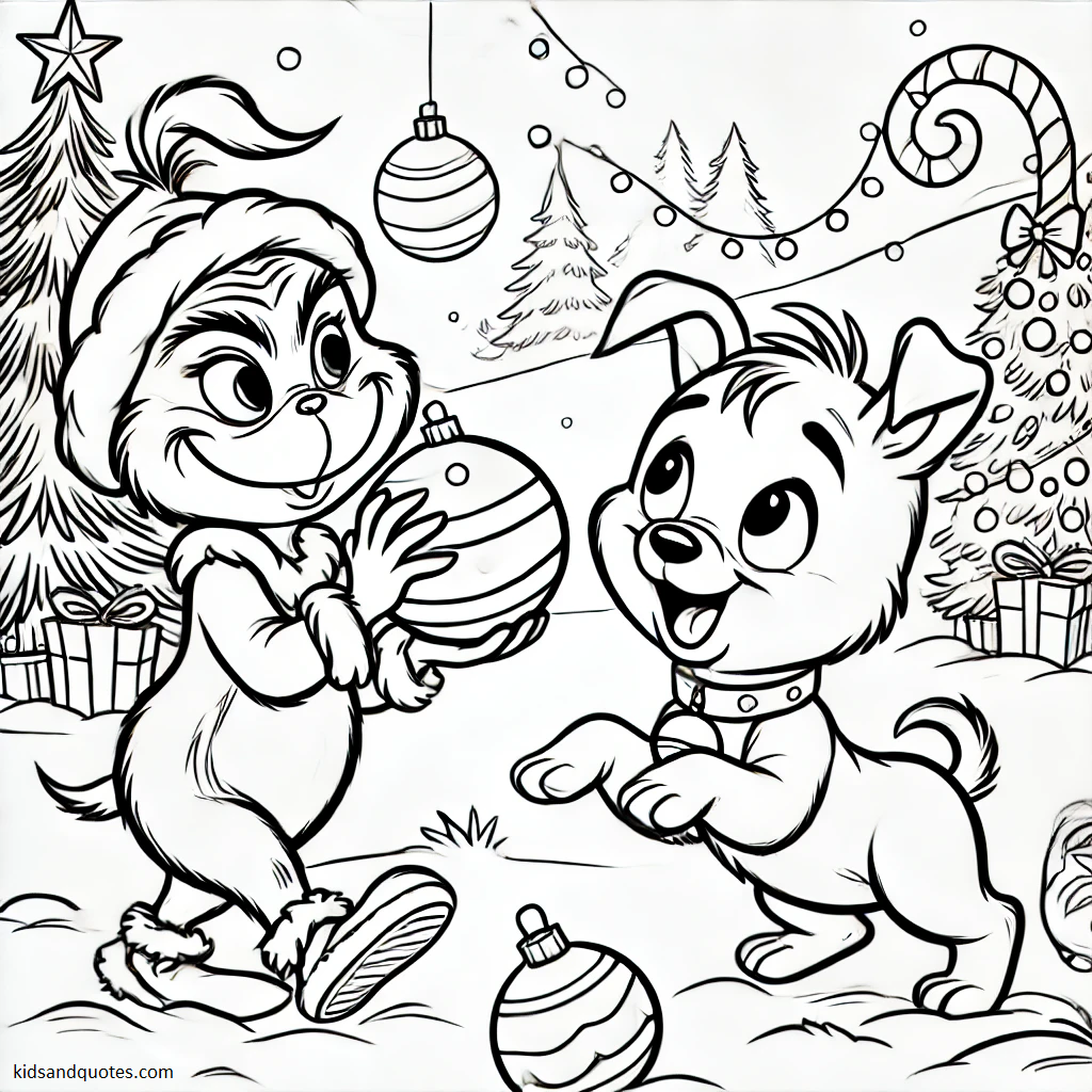 Baby Grinch and Max are having fun, tossing a Christmas ball back and forth with snow on the ground and a festive Christmas tree in the background.