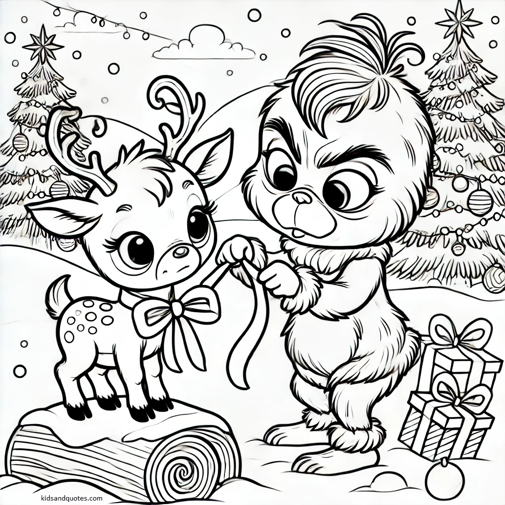 Baby Grinch is focused and mischievous as he tries to tie a ribbon onto a baby reindeer’s antlers.