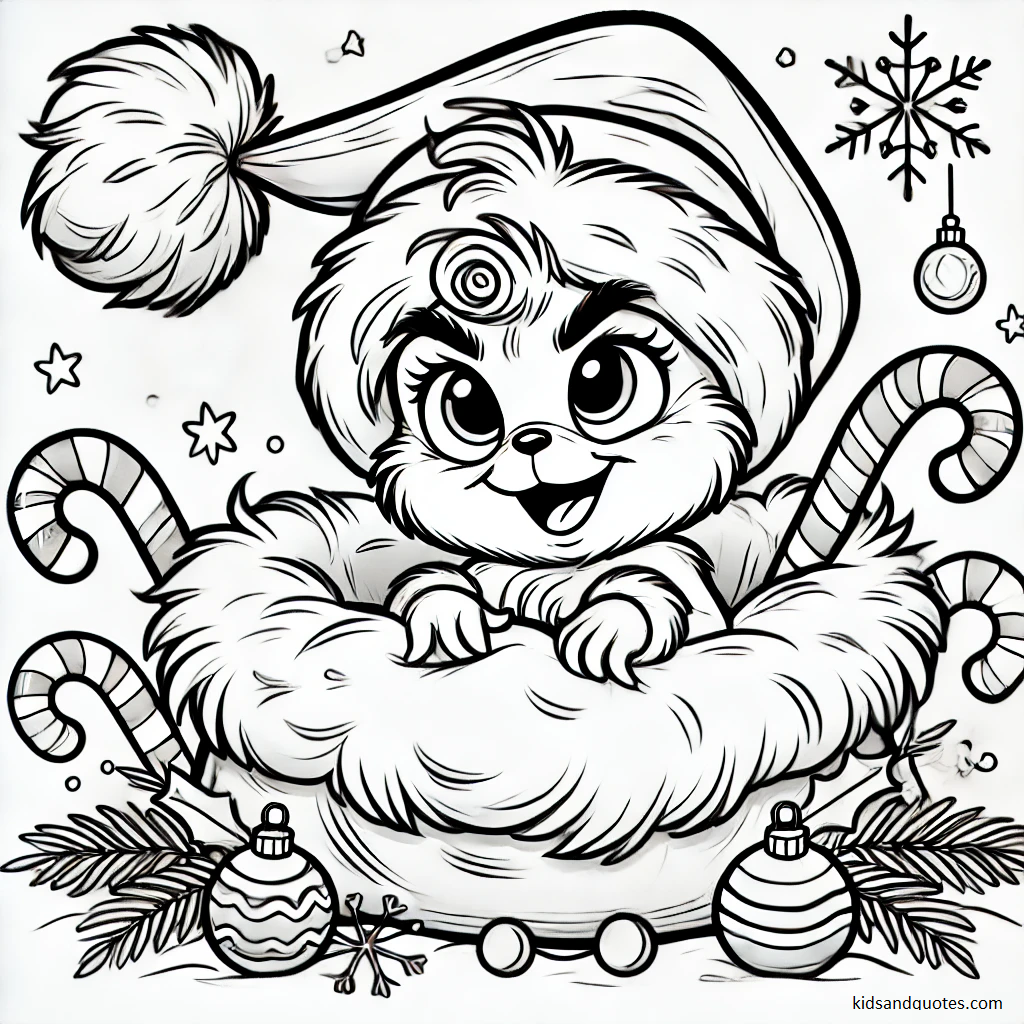 Baby Grinch peeking out from a giant Santa hat - Coloring Page