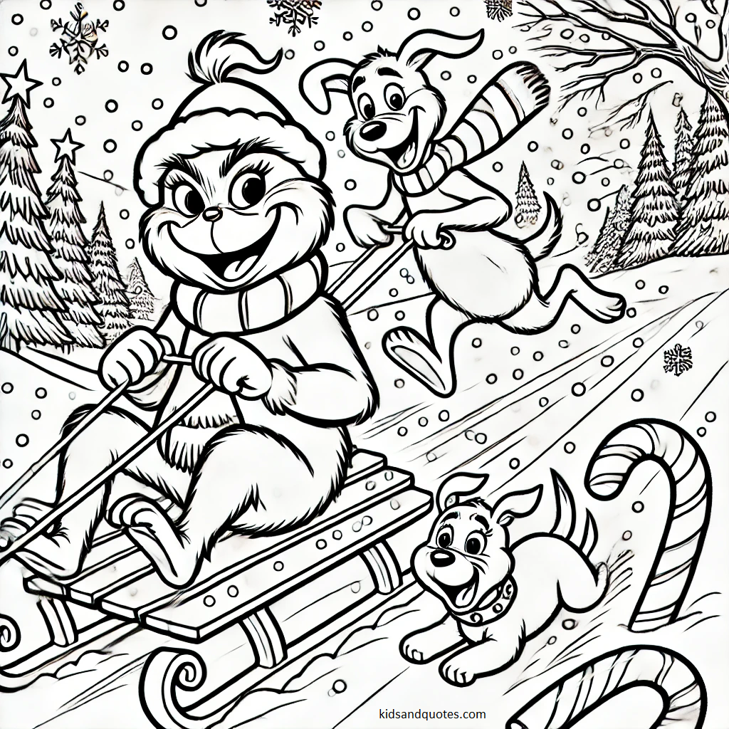 Baby Grinch sledding down a snowy hill with Max chasing behind.