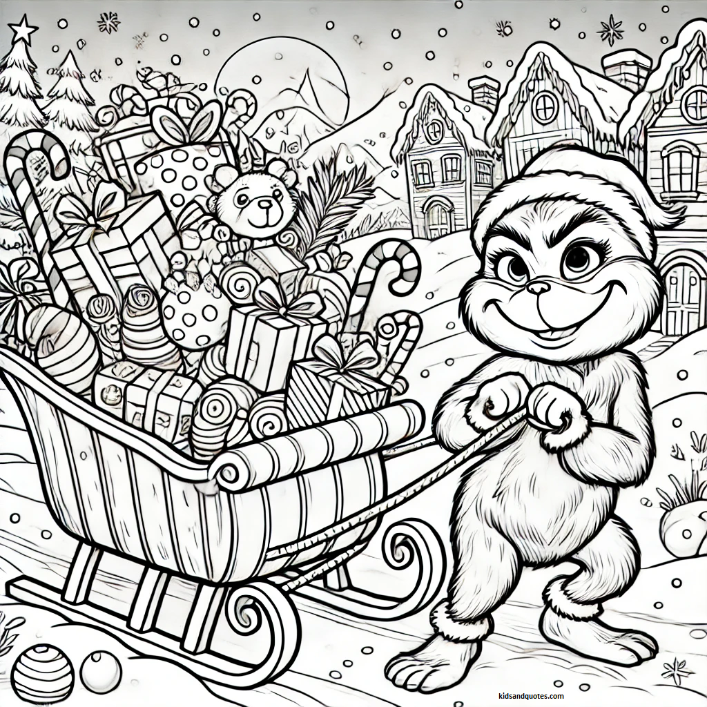 Baby Grinch is pulling a sleigh overflowing with toys and presents for the kids of Whoville.