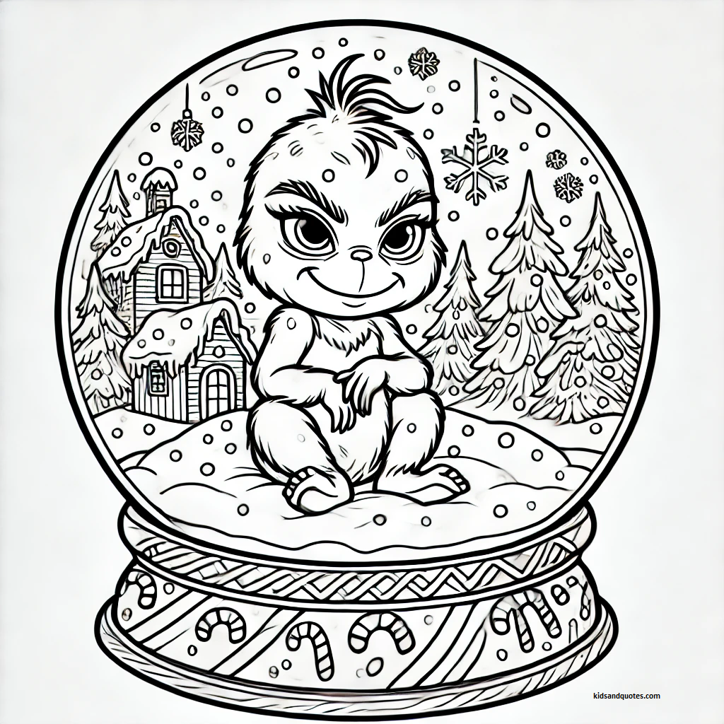 Baby Grinch is sitting inside a snow globe with a snowy Whoville scene in the background, featuring whimsical houses and snow-covered trees. 