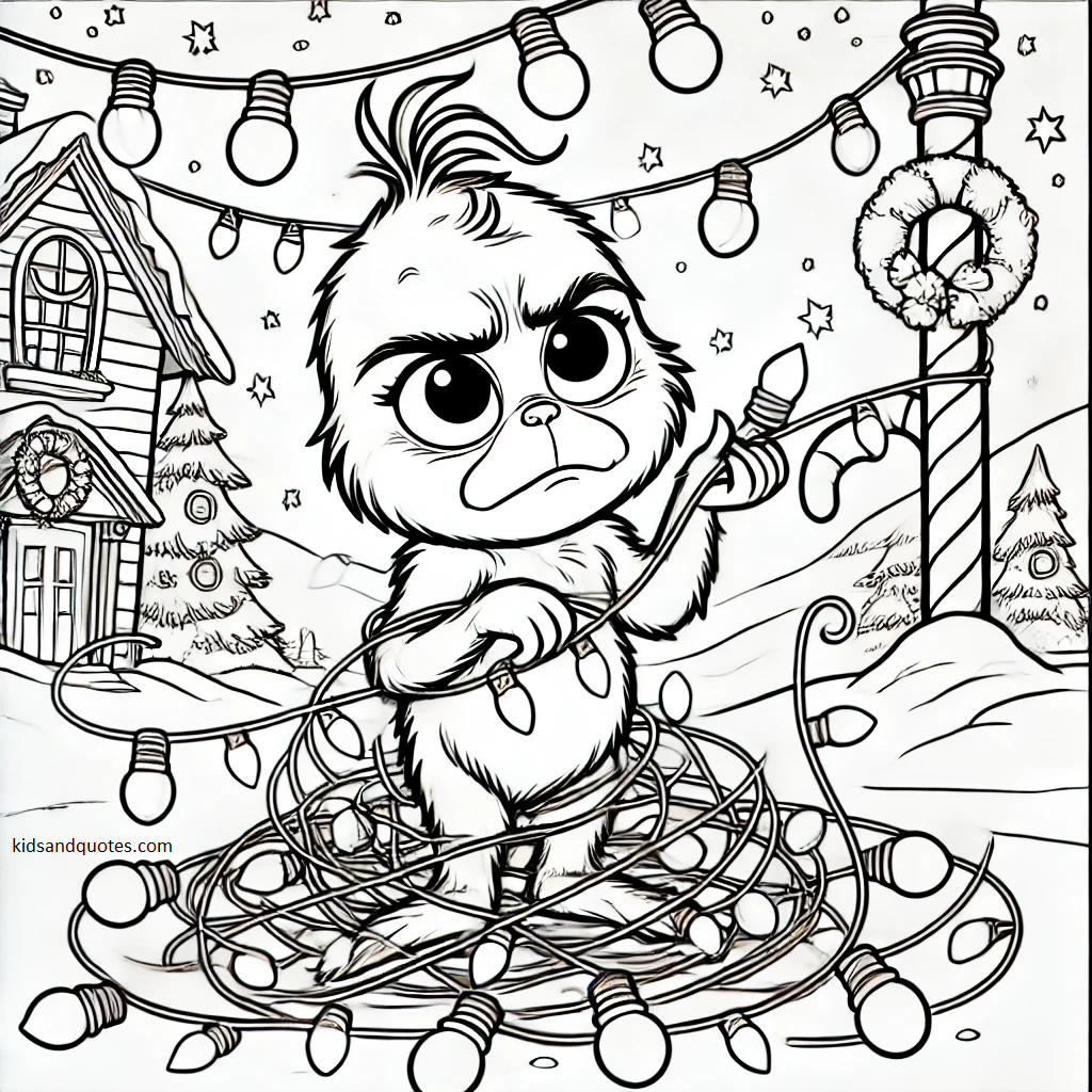 Baby Grinch is tangled up in a string of Christmas lights, looking adorably confused as he tries to figure it out.