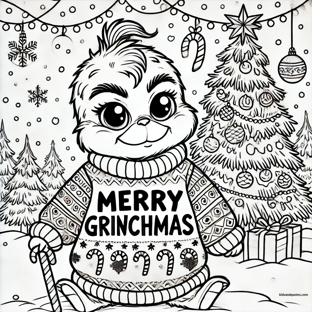 Baby Grinch is rocking an oversized holiday sweater with "Merry Grinchmas" written on it, featuring fun patterns like snowflakes, candy canes, and Christmas trees. 