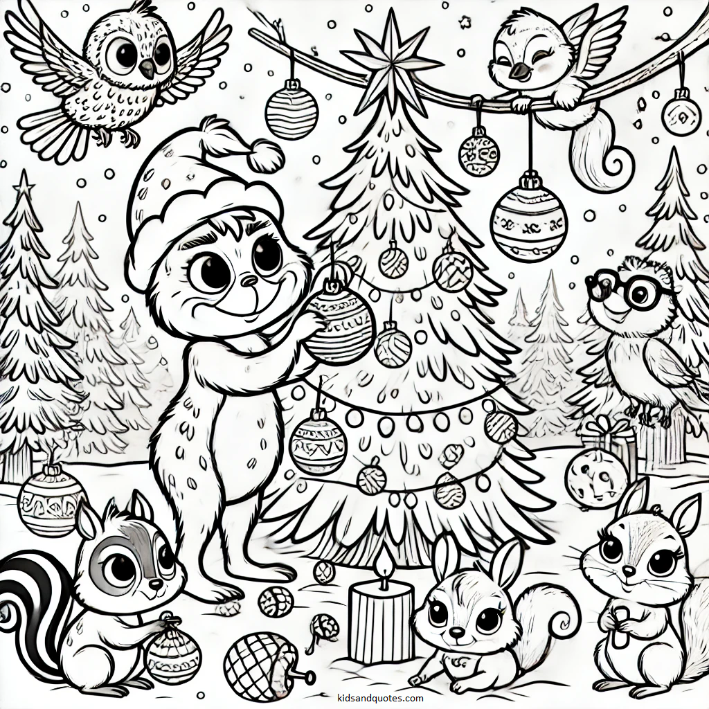 Baby Grinch is surrounded by woodland creatures like birds and squirrels, working together to decorate a snowy tree with ornaments, acorns, and berries.