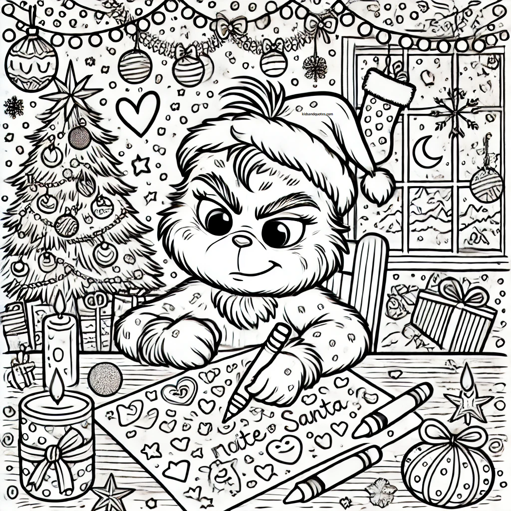 Baby Grinch is sitting at a table, writing a playful letter to Santa with crayons, surrounded by doodles like stars, hearts, and gifts.