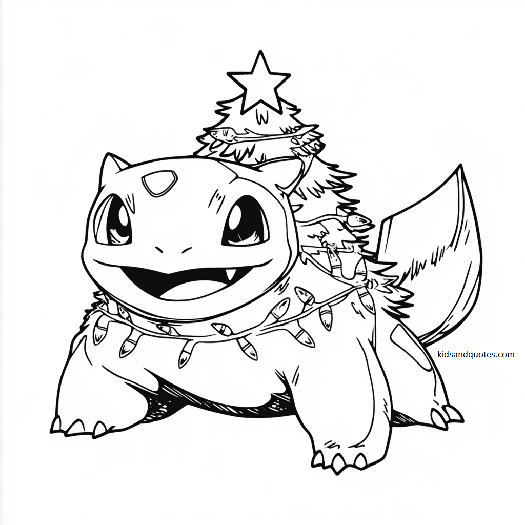 Bulbasaur decorated with fairy lights and a star - coloring page.