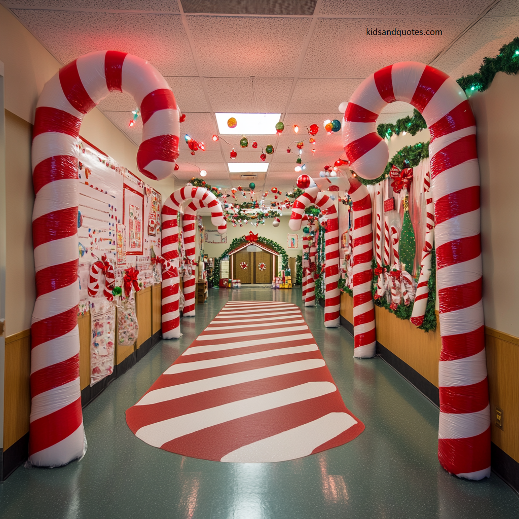 A vibrant classroom transformed into a whimsical 'Candy Cane Lane' theme. 