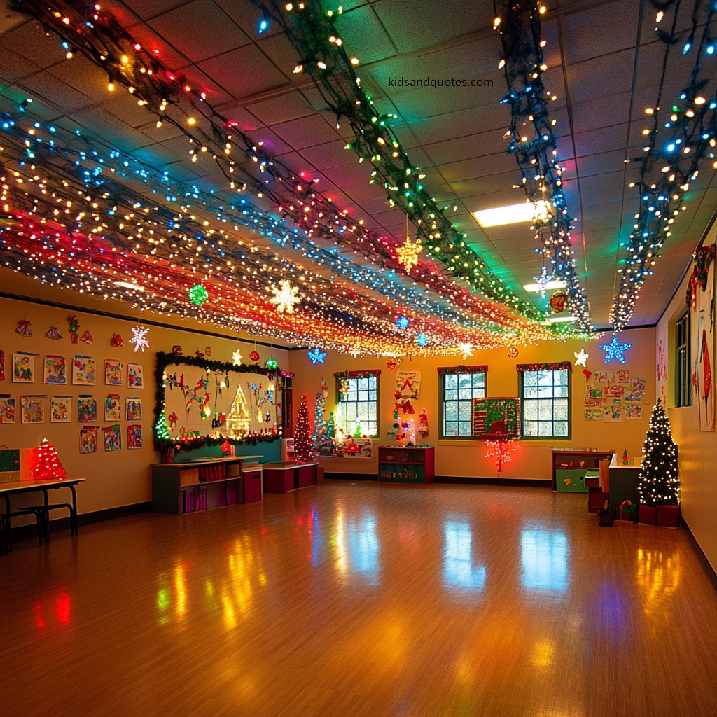 A vibrant and festive classroom transformed into a dazzling Christmas Lights Gallery.