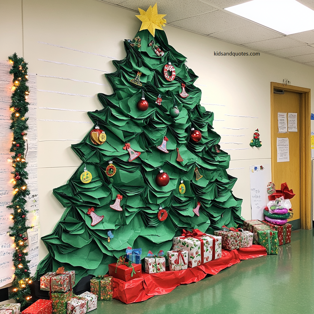 A vibrant classroom wall transformed into a giant Christmas tree wall art.