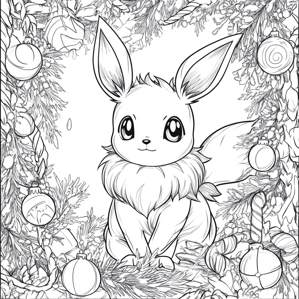 Eevee surrounded by holiday ornaments - a Pokemon Christmas coloring page.