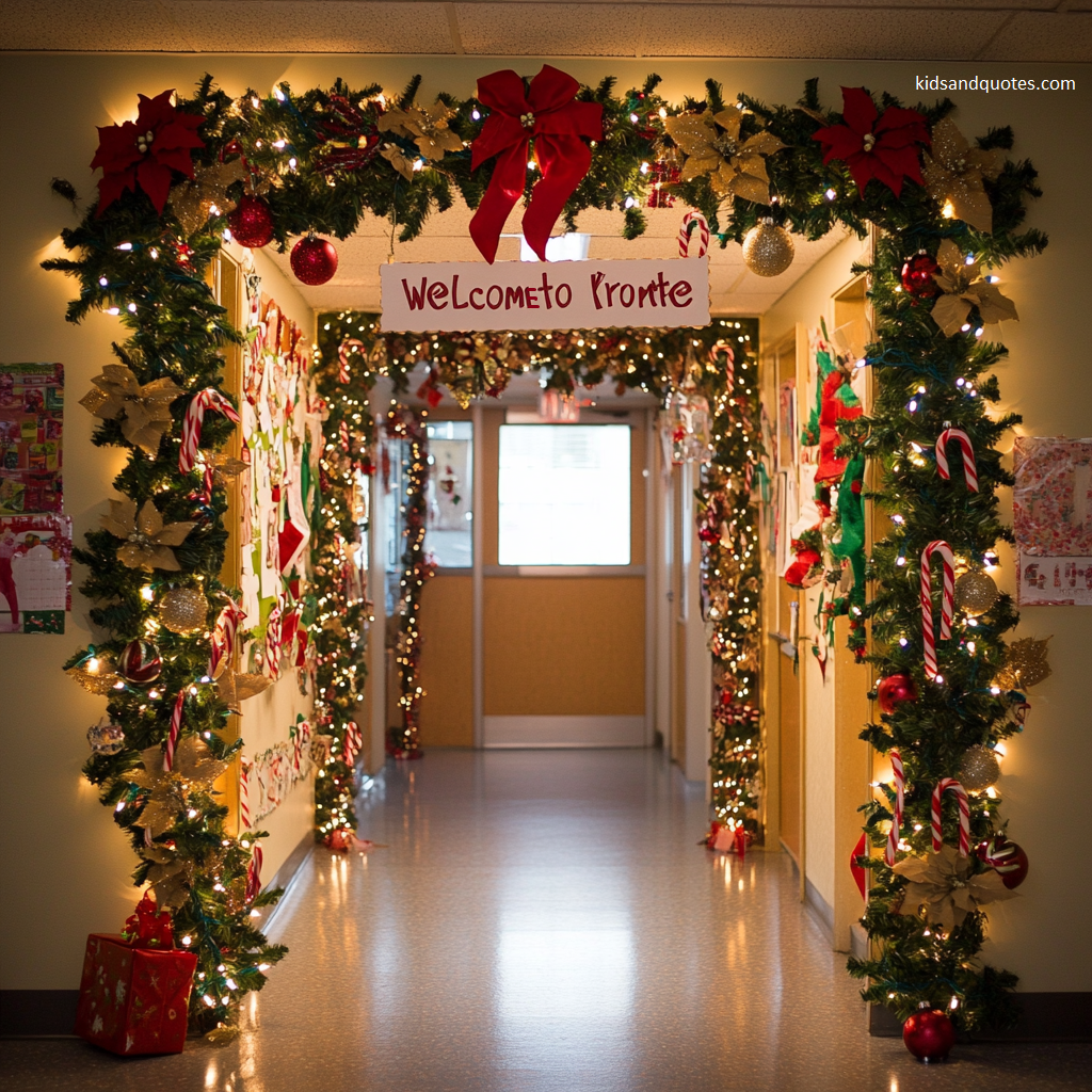 A festive classroom doorway beautifully adorned with a holiday-themed garland.