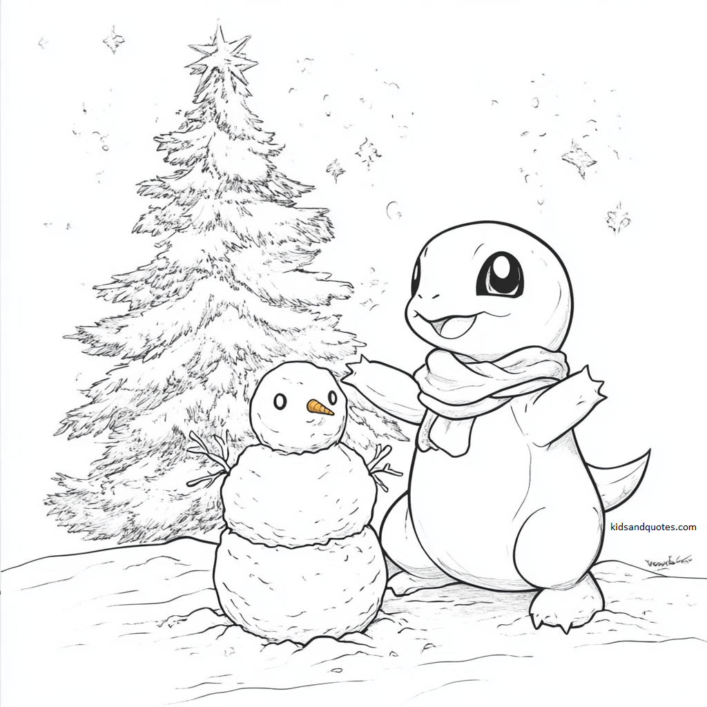 Squirtle building a snowman under a Christmas tree.