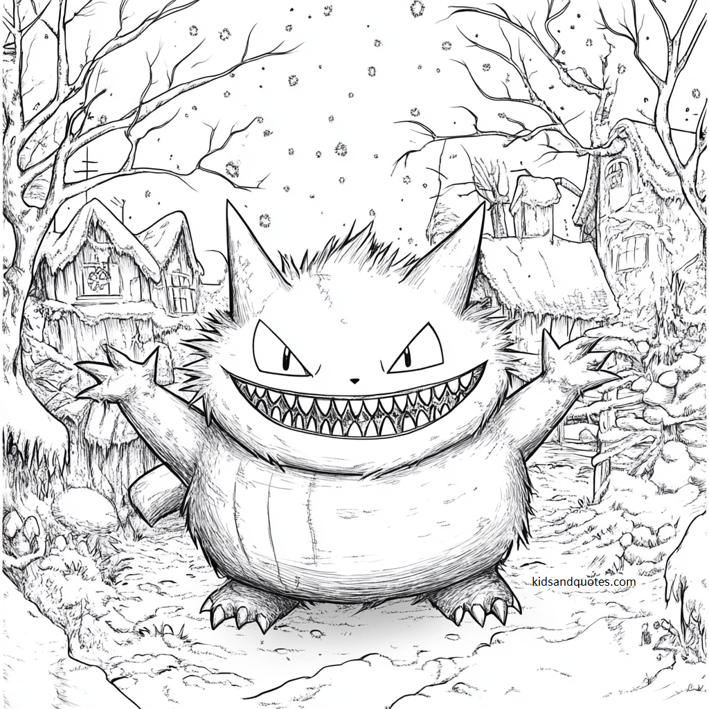 Gengar in a spooky yet festive winter scene - Pokemon Christmas coloring page.