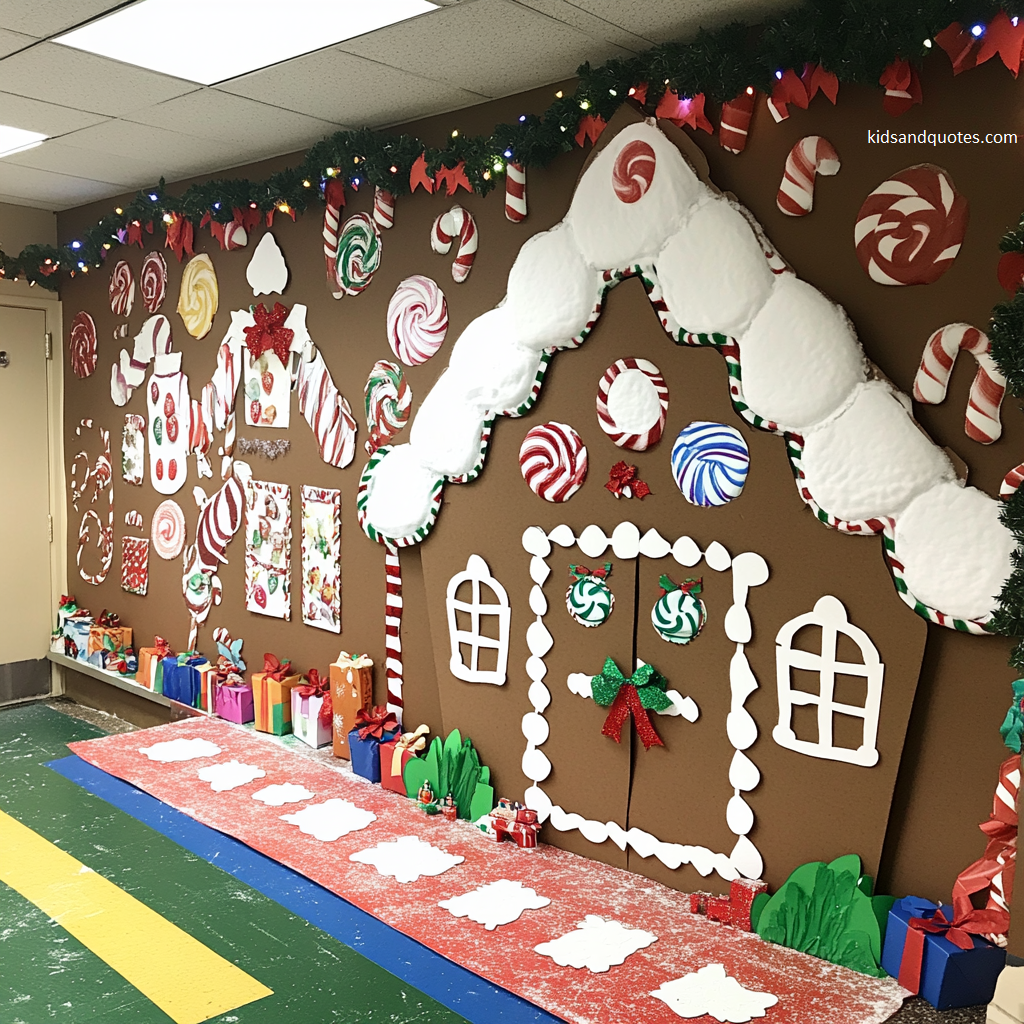 A festive classroom bulletin board transformed into a giant gingerbread house display.