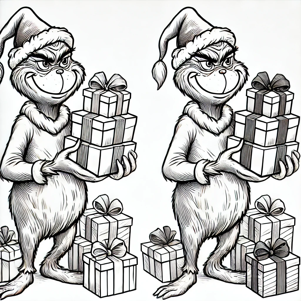 Grinch with Christmas presents - Christmas coloring page.