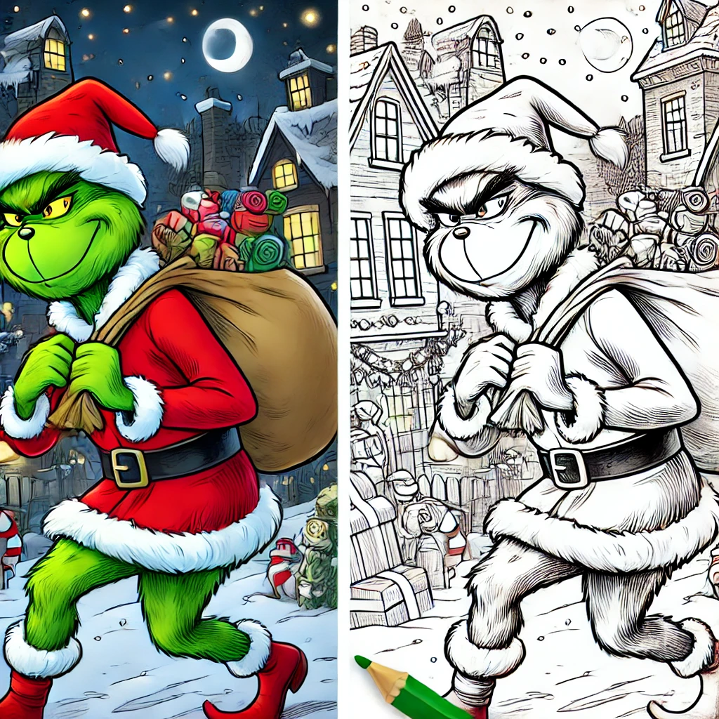 Grinch in Santa's costumes, sneaking around Whoville.