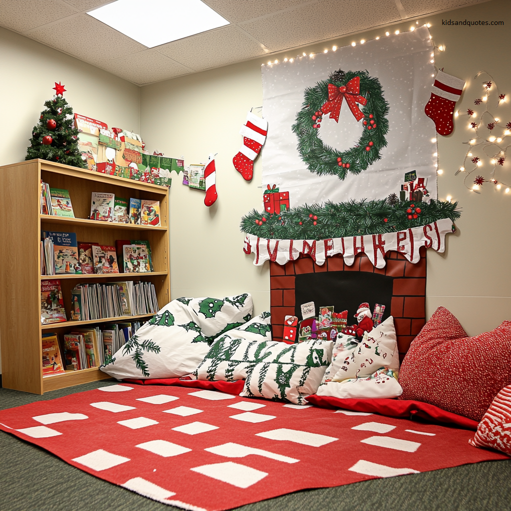 Creative Christmas Classroom Decoration Idea - A cozy and inviting holiday-themed reading nook in a classroom.