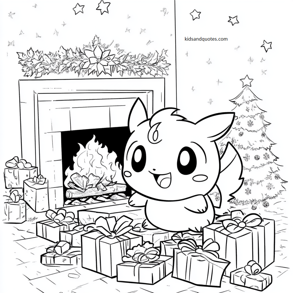 Jigglypuff singing carols near a fire place.