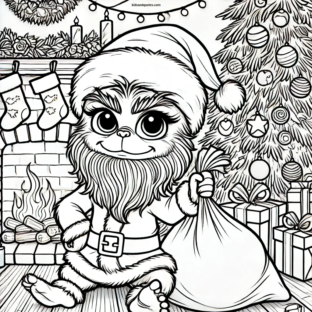 Baby Grinch is pretending to be Santa Claus, wearing a fake beard and Santa hat, with a big sack of toys slung over his shoulder. The cozy background features a decorated Christmas tree, stockings by the fireplace, and scattered presents.