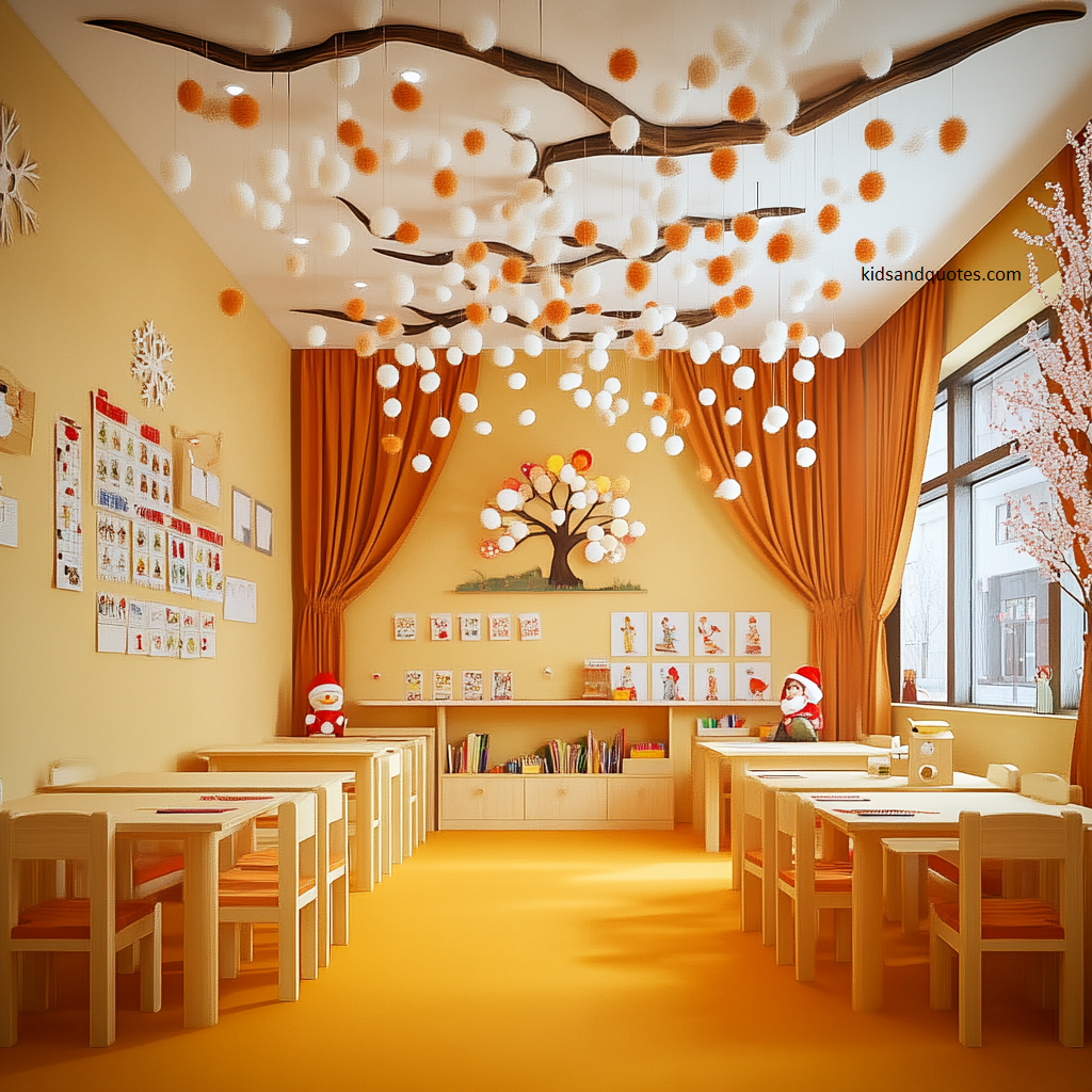 A cozy and warm classroom with a soft yellow and orange theme - Creative Christmas Classroom Idea.