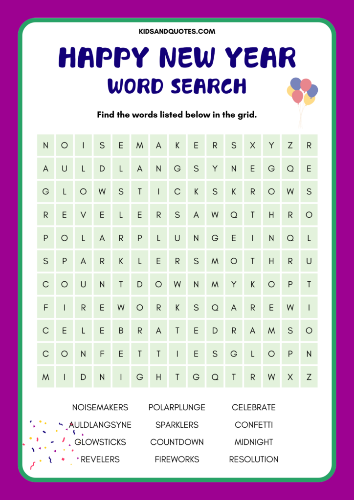 New Year Printable word search puzzle for kids.