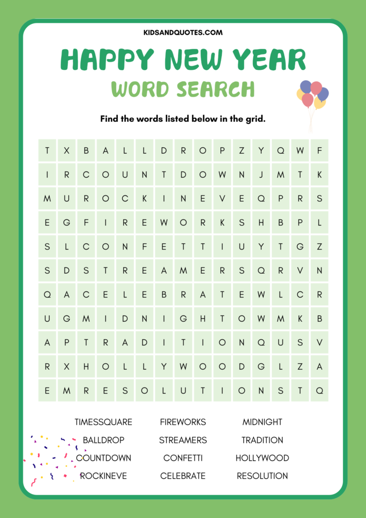 Happy New Year word search for kids (3 Free printables to solve) - Kids ...