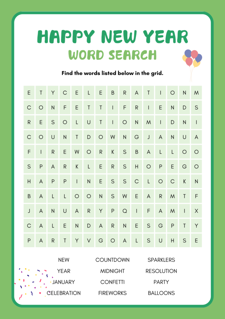 Free Happy New Year Printable Word Search for Kids.