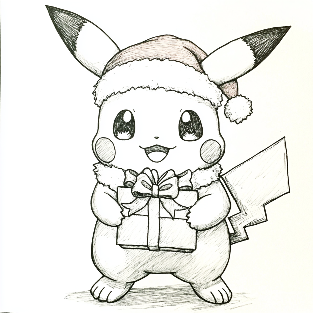 Pikachu holding a gift in Santa dress.