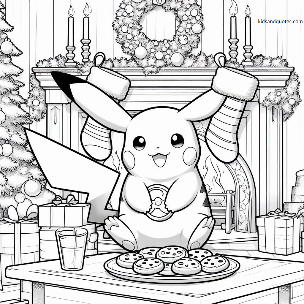 Pikachu with stockings and cookies by the fireplace.