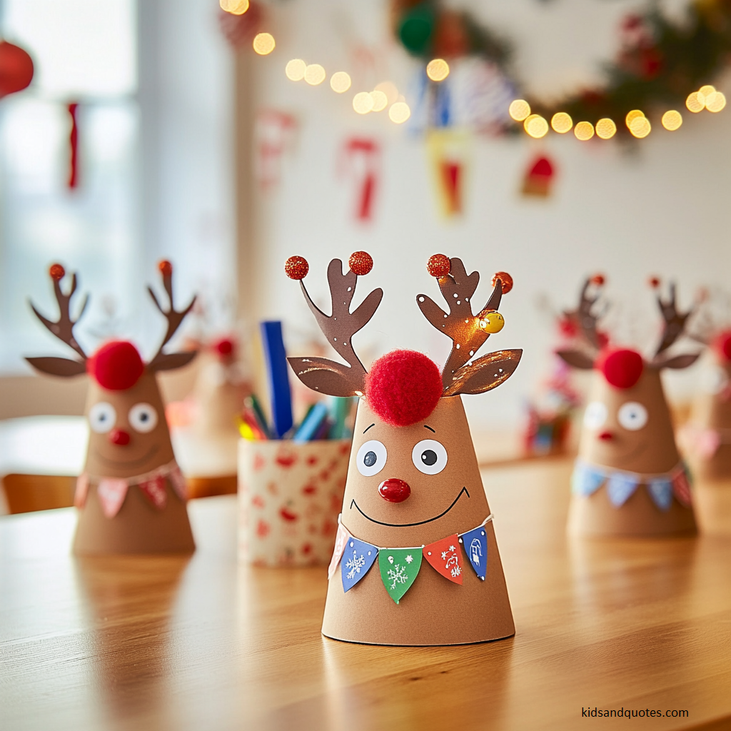 A cheerful and festive classroom filled with reindeer-themed desk decorations.