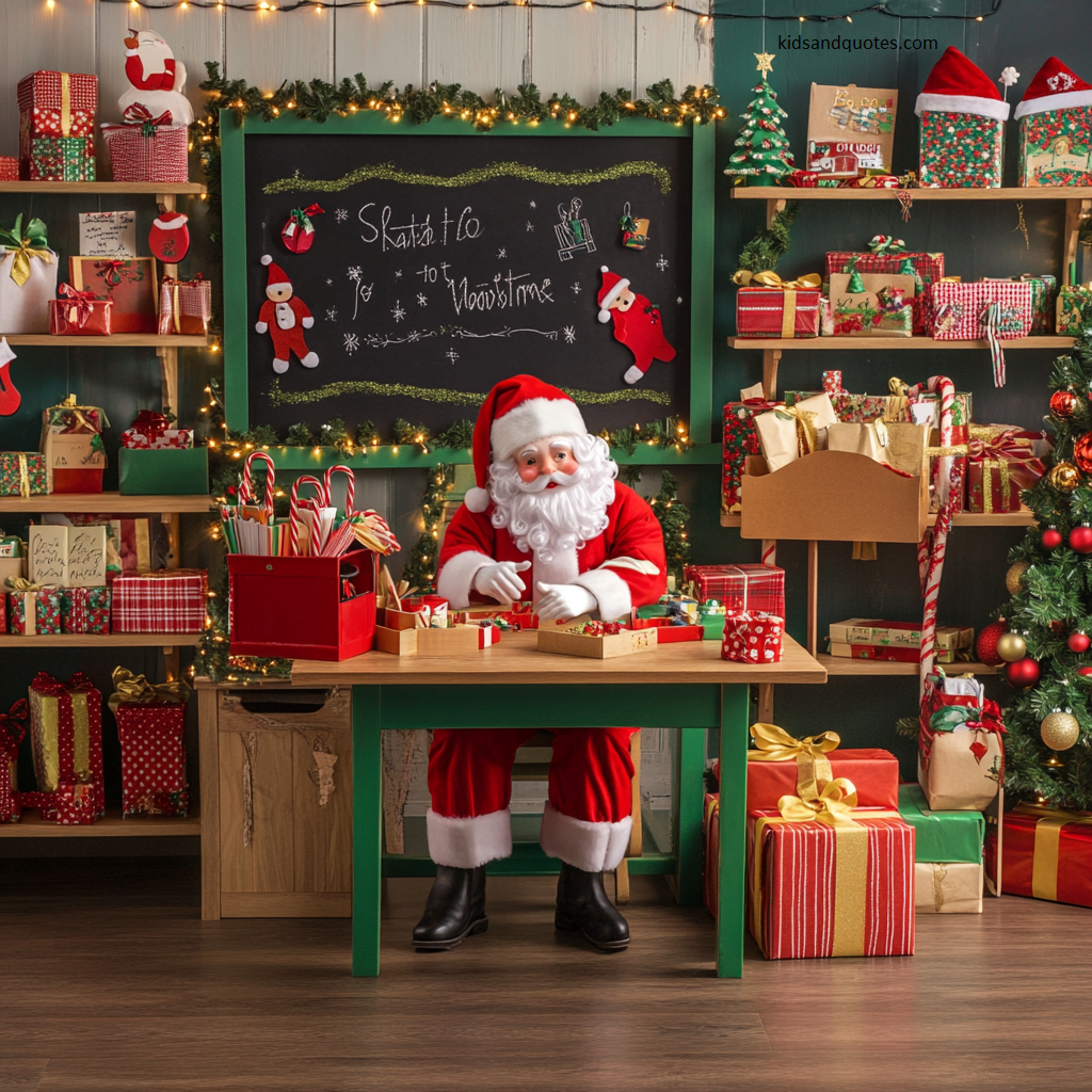 A festive classroom corner transformed into Santa’s workshop - a creative Christmas classroom decoration idea.