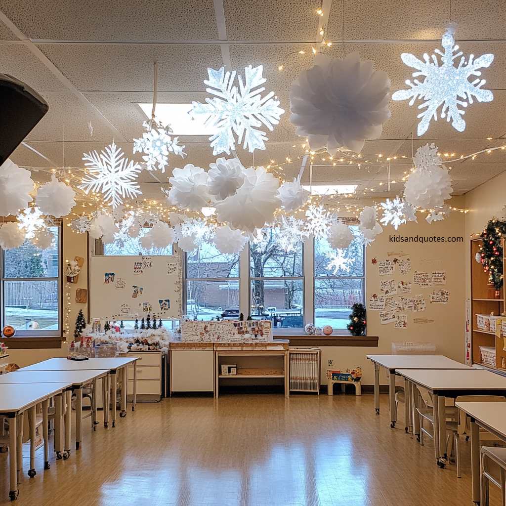 The ceiling covered in fluffy, oversized snowflakes and delicate paper pom-poms, creating a magical snow-covered wonderland vibe inside a classroom - creative Christmas decoration.