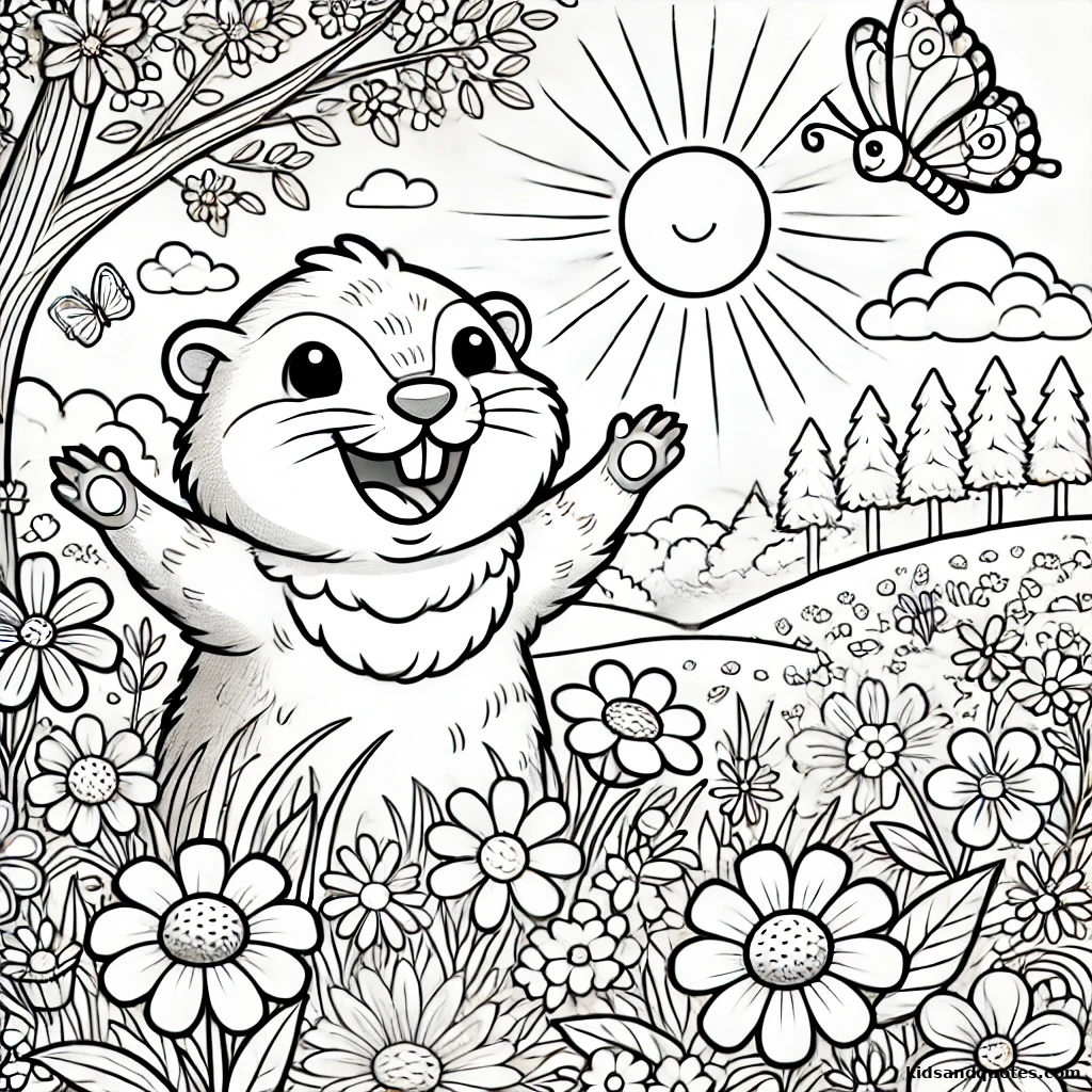 Groundhog celebrating the arrival of spring, surrounded by blooming flowers and a fluttering butterfly.