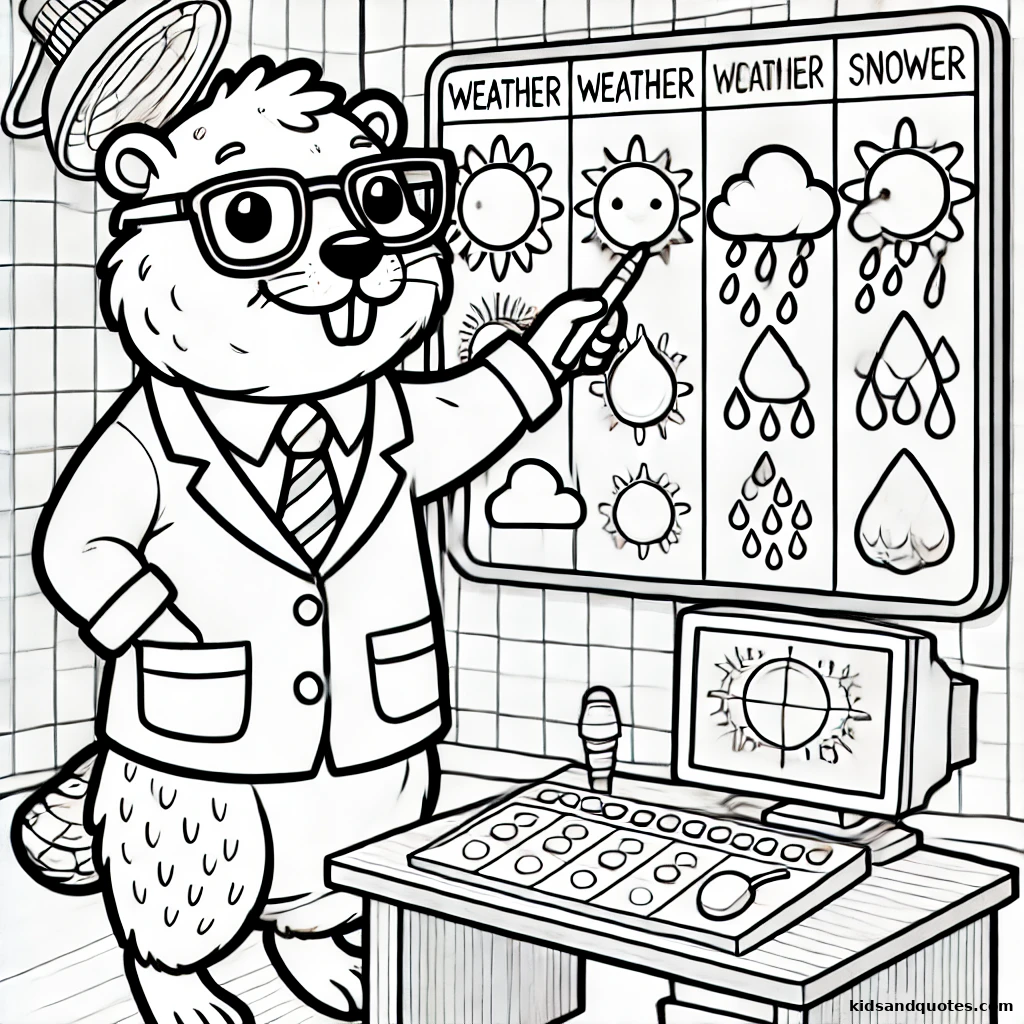 Groundhog dressed as a meteorologist, pointing to a detailed weather chart filled with sunny skies, rain, and snow.