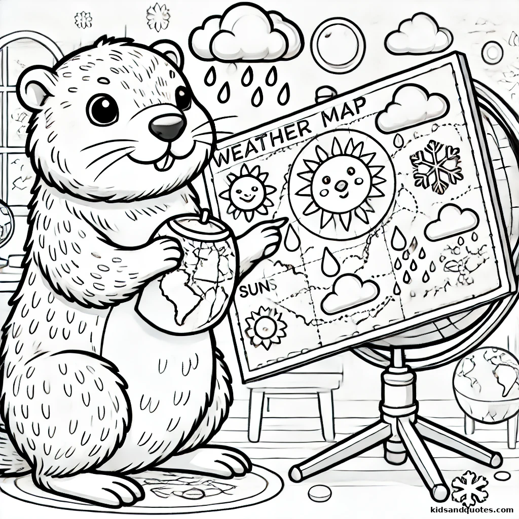 A curious groundhog is busy analyzing a detailed weather map, complete with suns, raindrops, and snowflakes.