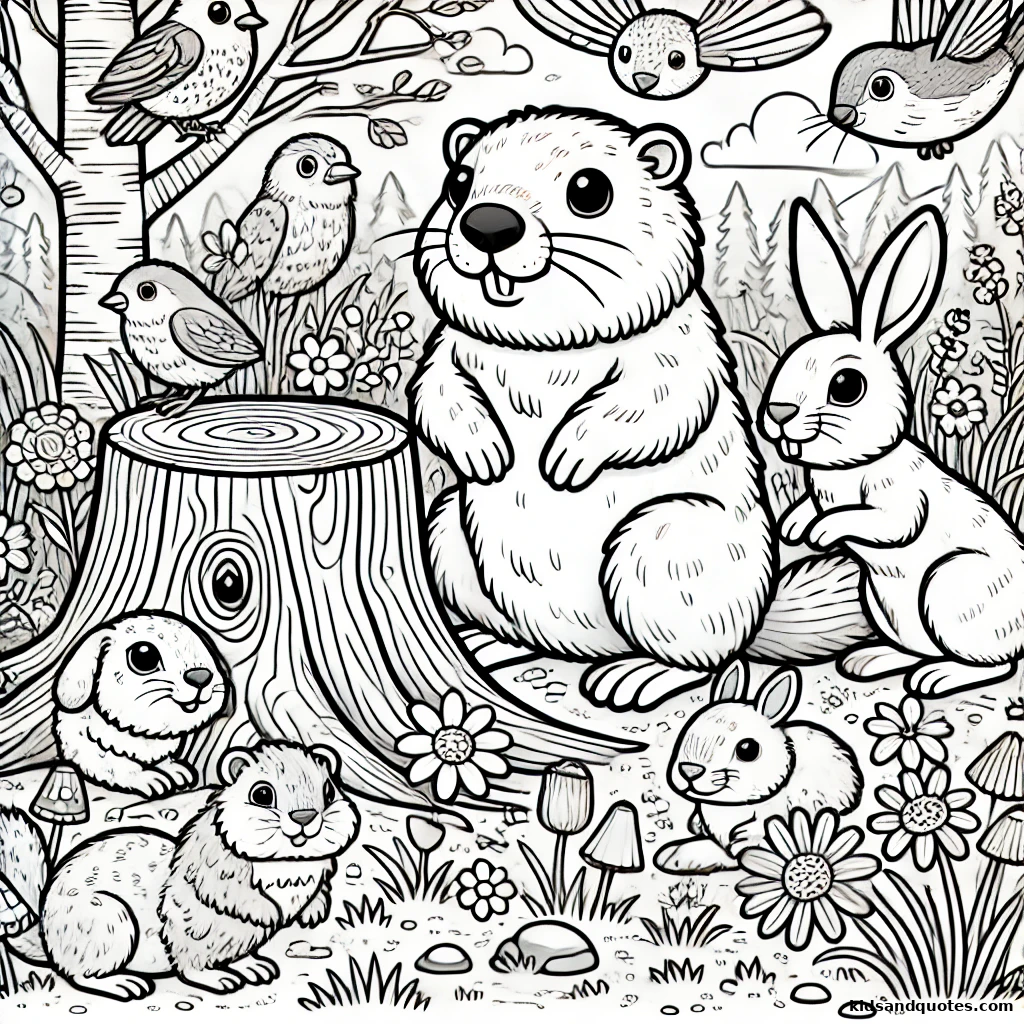 Groundhog surrounded by its animal pals—bunnies, birds, and more!