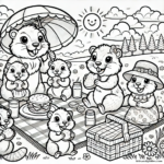 Groundhog family enjoying a sunny picnic in the great outdoors. With burgers, sandwiches, and a cozy picnic blanket under a cheerful umbrella, the scene is filled with warmth and togetherness.