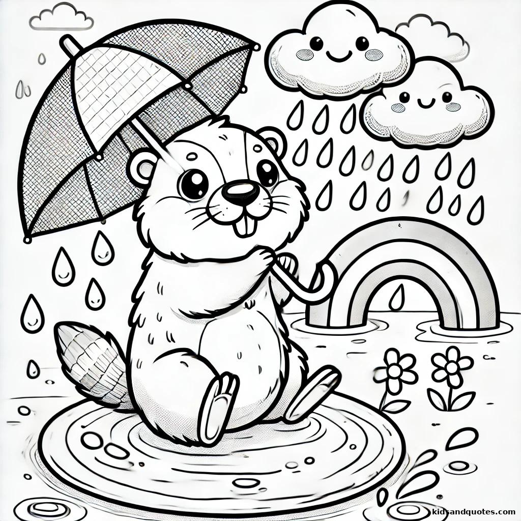 Groundhog sitting in a puddle, holding an umbrella as raindrops fall all around.