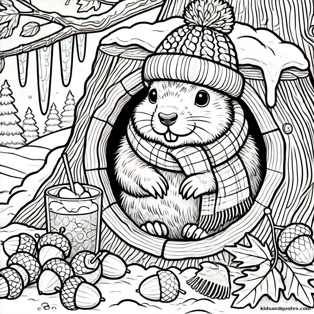 Groundhog bundled up in a warm hat and scarf, peeking out from its burrow in a snowy winter wonderland.