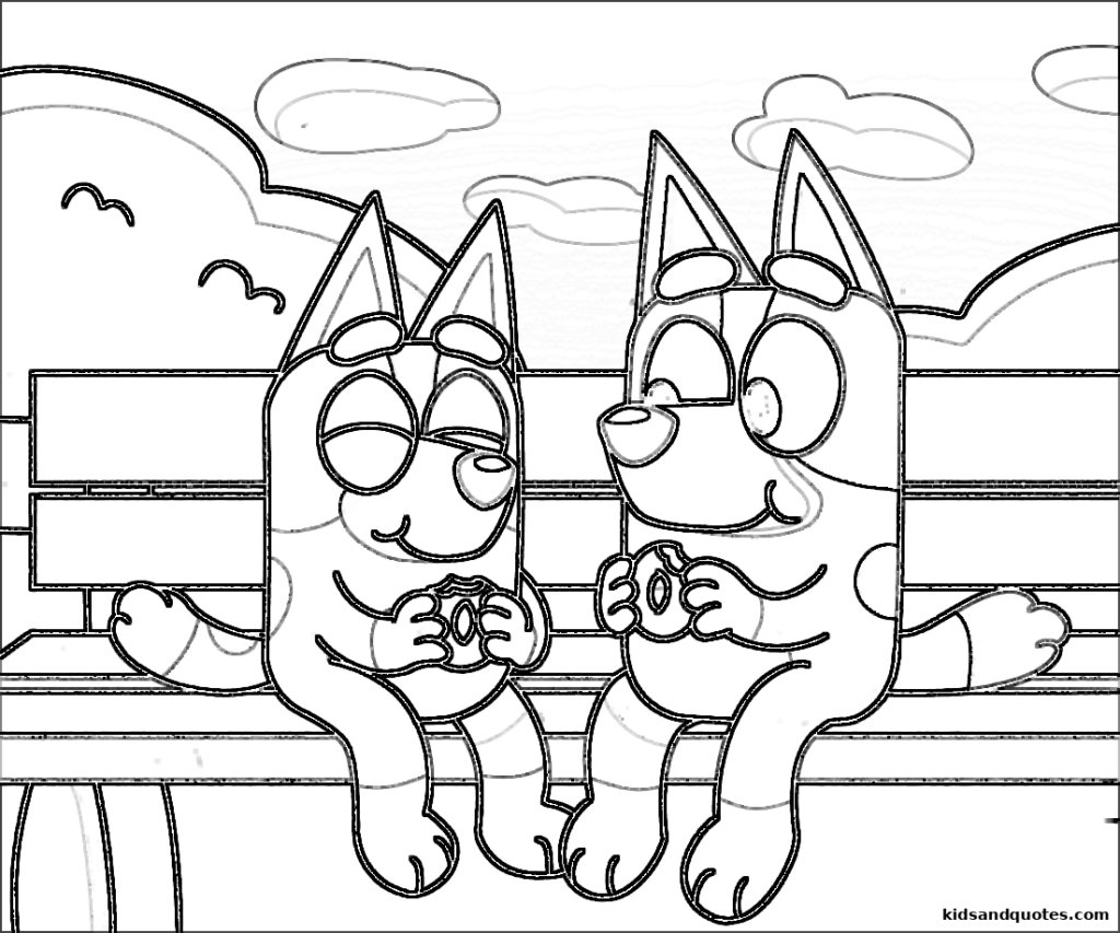 Bluey and Bingo sitting together on a park bench with donuts in their hands.