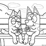 Bluey and Bingo sitting with donuts in their hands on a park bench.